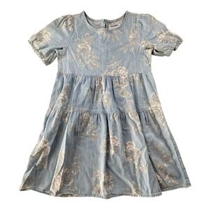 Old Navy Girls Chambray Tiered Dress Size 8‎ Blue Floral Short Sleeve